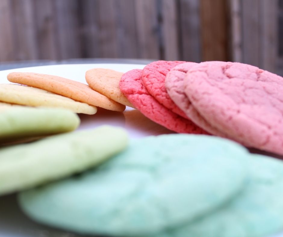 rainbow cookies on a plate in front of a wooden fence