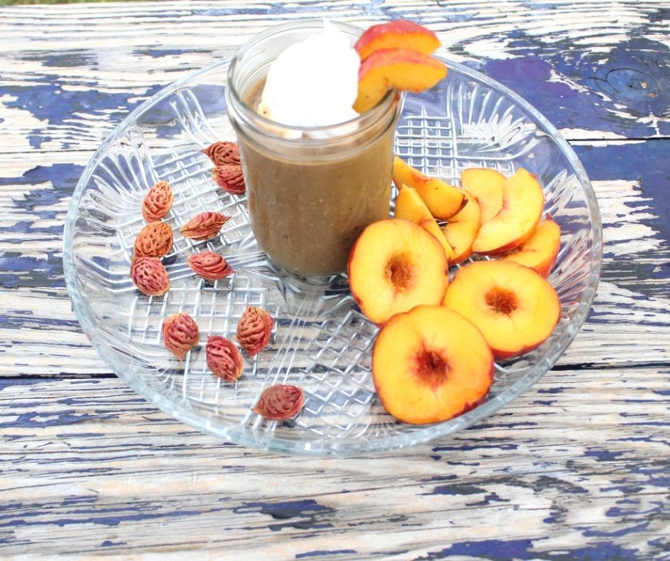 peach smoothie with cut peaches and peach pits all around it which is the first of the peach recipes 