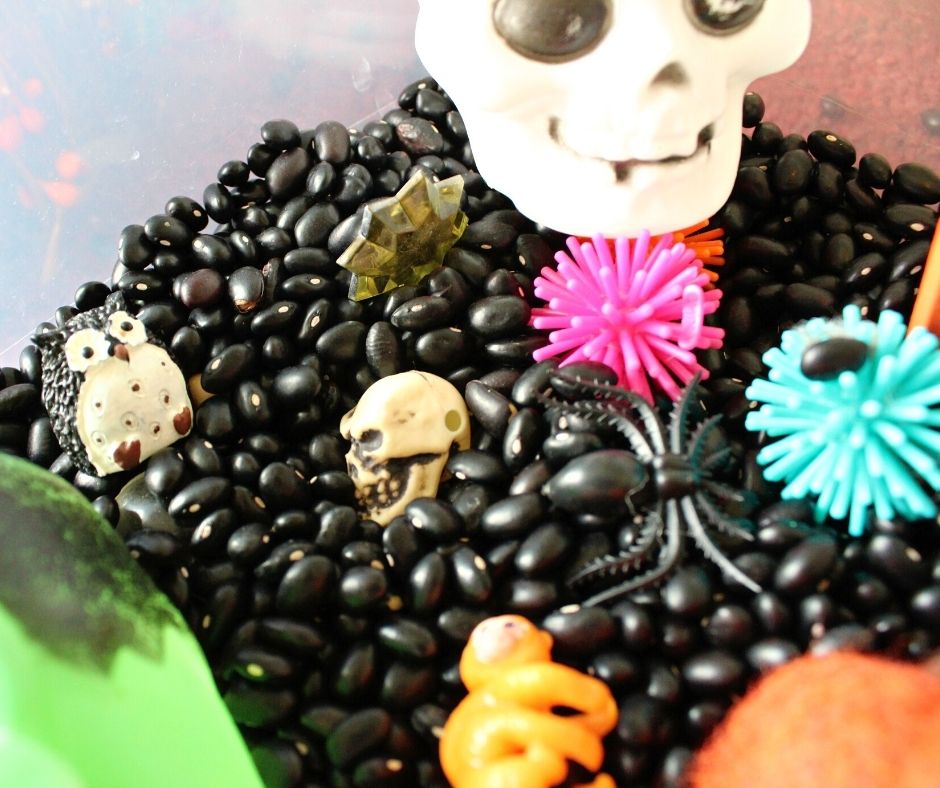 dry black beans and Halloween toys in a sensory bin for a Halloween activity