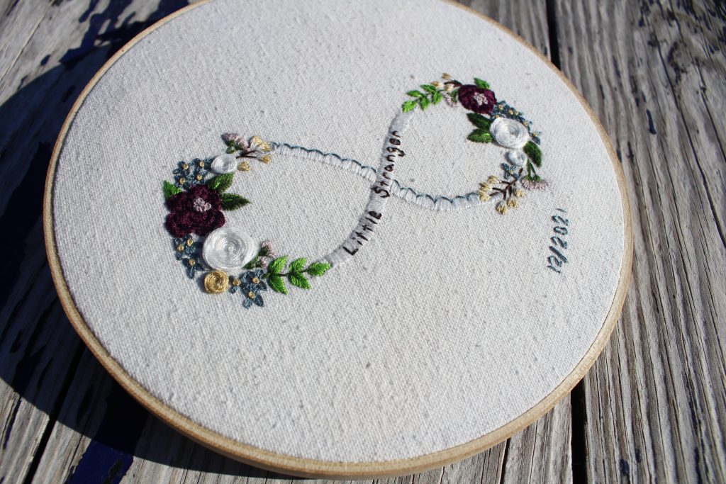 embroidered hoop of flowers and words to cope with a miscarriage