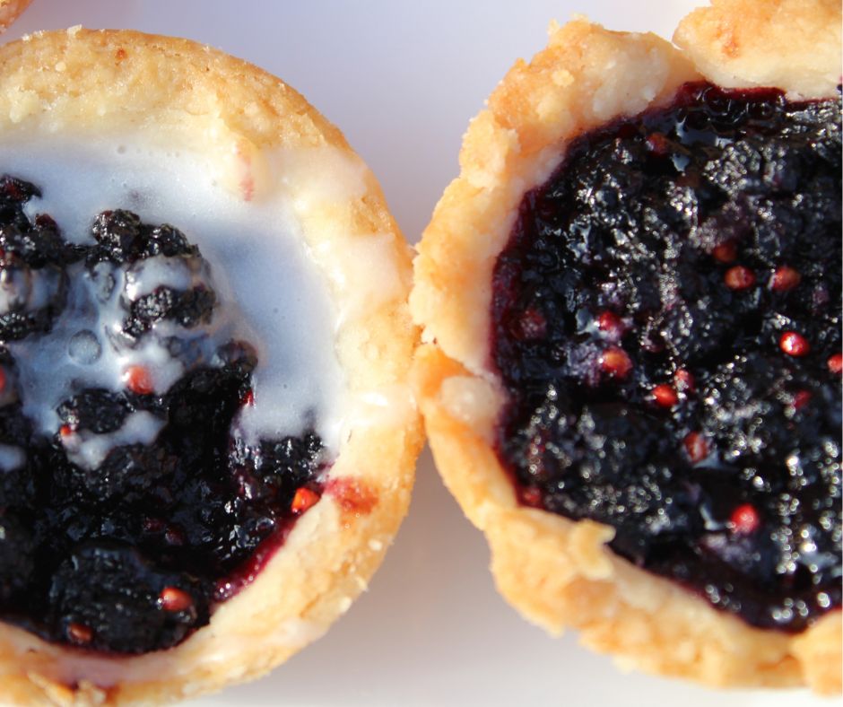 up close picture of two mini tarts with filling made from mulberries