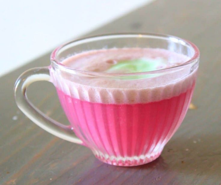 pink wild grape punch in a clear cup with green sherbet on top