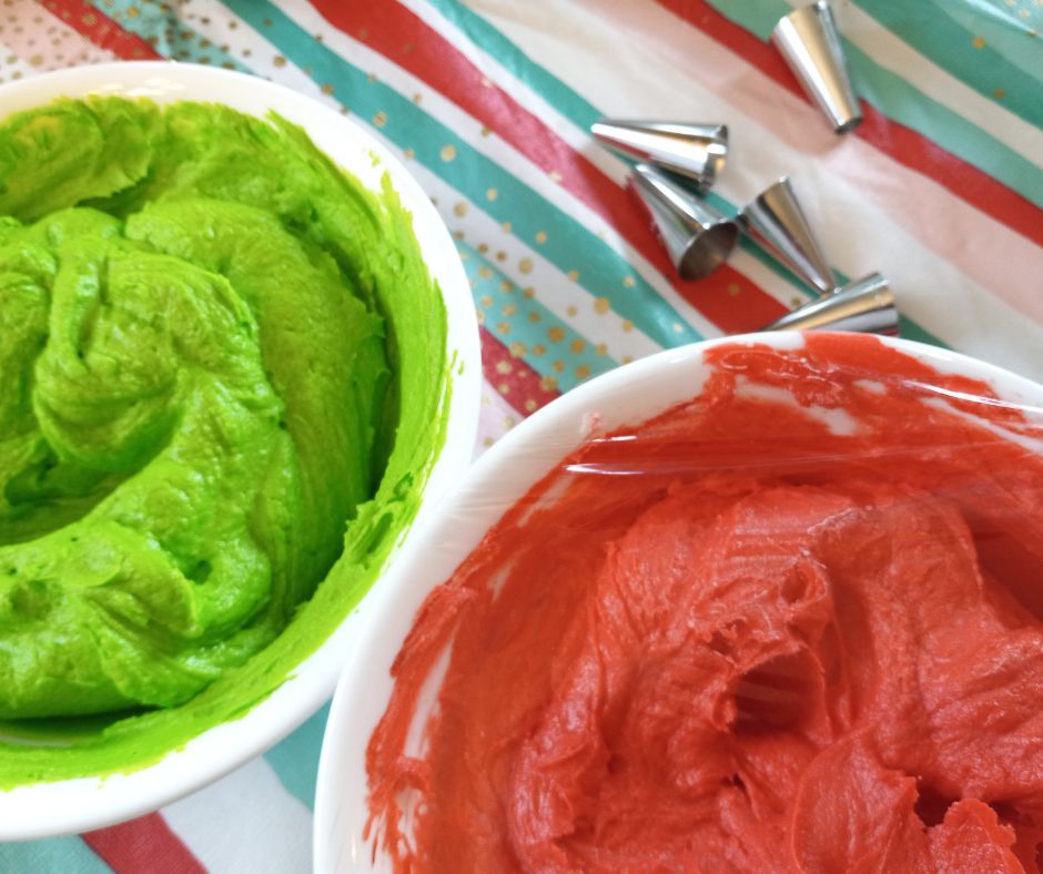 red and green frosting in white bowls for the Costco muffin hack