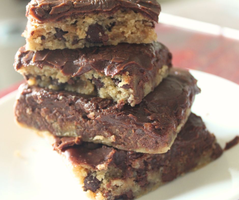 chocolate chip cookie bars stacked on top of each other close up